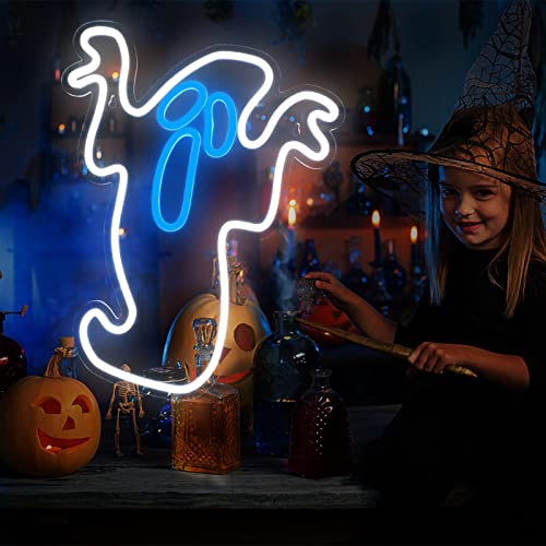 Image of Halloween Ghost Neon Light - Flickering Boo Neon Signs for Wall Decor 16.3x13 Inch, USB Powered LED Halloween Ghost Neon Light for Bedroom Christmas Gift for Party Decor Kids Game Room Bar, White