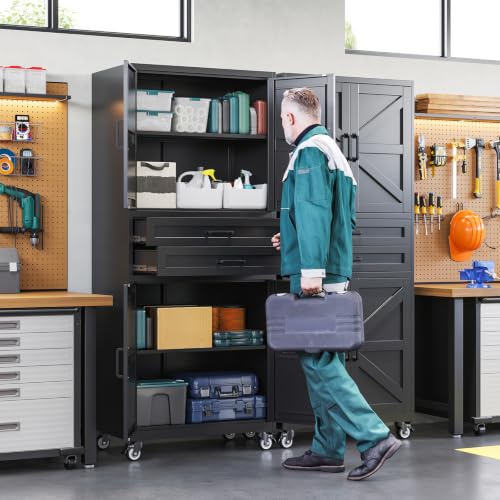 Image of Letaya Metal Garage Storage Cabinets with Wheels,Black Rolling Tool Cabinet