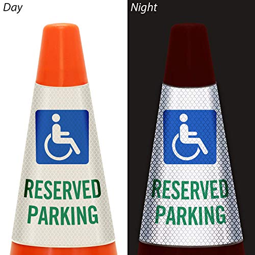 Image of SmartSign inchReserved Parking with Handicapped Symbol inch Bright Reflective Cone Message Sleeve, [Cone Not Included]