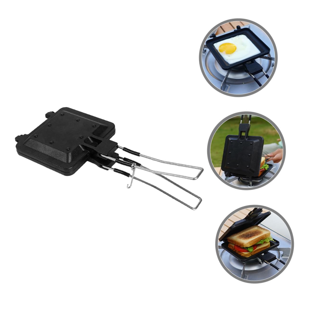 Mobestech Padella per Grigliare Panini Antiaderente a Doppia Faccia in Acciaio Inox Riscaldamento Uniforme per Colazioni e Picnic All’aperto, Utensile da Cucina Portatile e Multifunzione