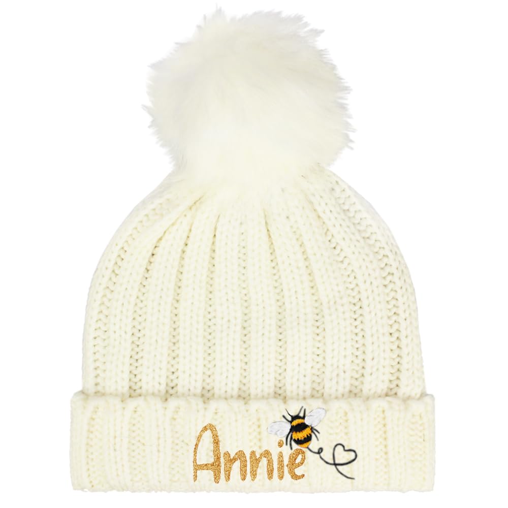 Teddyt's Girls Cream Personalised Bumble Bee Glitter Pom Pom Bobble Hat In