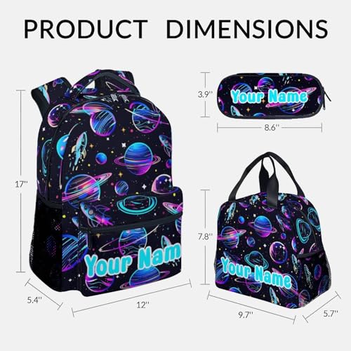 Personalized Boys Backpack Set for School, Planet Backpack for Kids Preschool, 17 Inch Custom Planet School Bookbag with Lunch Box and Pencil Case, Durable, Lightweight Black Backpack2