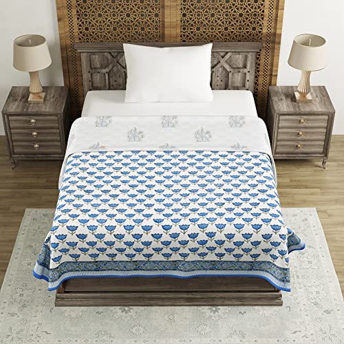 Image of BLOCKS OF INDIA Hand Block Printed Cotton Summer Single Size Reversible Printed Malmal Dohar- Multicolor (Blue BUTI)