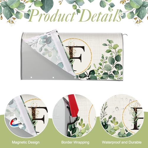 Image of Tiamon Monogrammed F Mailbox Covers Magnetic Eucalyptus Welcome Letter Box Wrap Standard Size 21x18 Inch Spring Summer Leaves Mailbox Decor Eucalyptus Letter Numbers Decoration for Outdoor Garden Yard