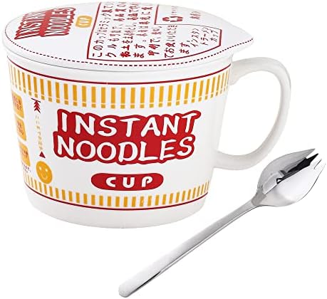 Ynsfree Ceramic Ramen Japanese Creative Bowl with Lid Instant Large Noodle Soup Bowl with Handle,Single Student Dormitory with Lid Deep Soup Bowl,Household Cereal Bowl(Red)