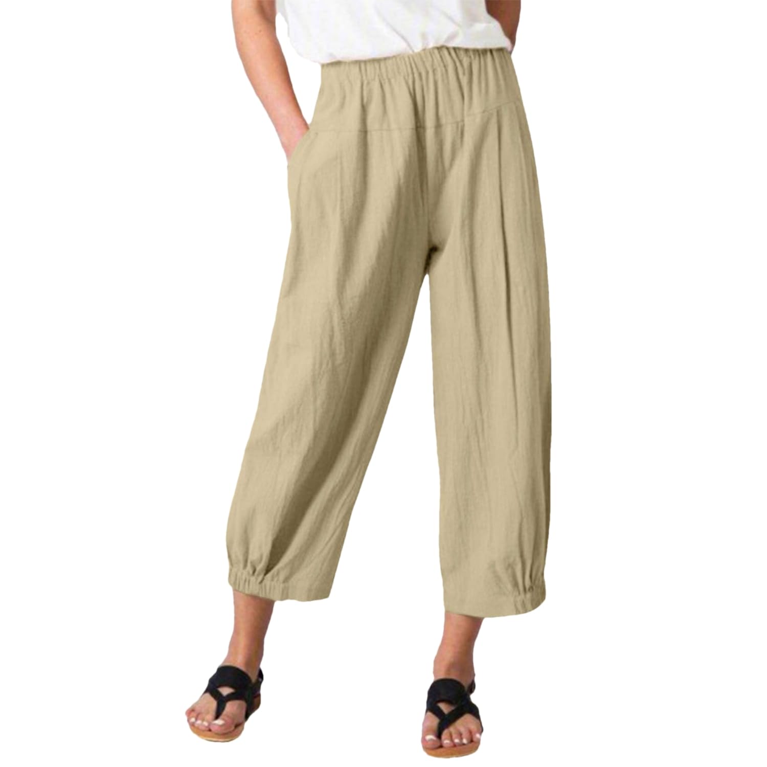 Korebow Women's Summer Loose Yoga Pants Wide Leg Elastic Waist Casual Capris Cropped Trousers with Pockets