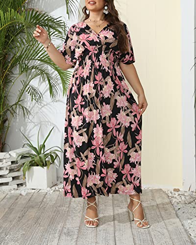 Image of OSTOO Women's Plus Size Hawaii Empire Waist Bat Short Sleeve Casual Floral Print Boho Maxi Dress
