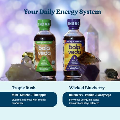 Image of balaveda Organic Energy and Wellness Shots Variety Pack, 2oz Glass Bottles | USDA Organic Adaptogen Shots, Energy, Beauty & Immunity Wellness Shot Varieties, 2oz Glass Bottles