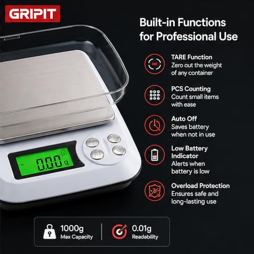 Image of Gripit Jewellery Weighing Scale 1000g x 0.01g - High Precision Digital Gold Weight Machine with Backlit LCD Display for Shops, Labs & Kitchens, Stainless Steel Platform (White)