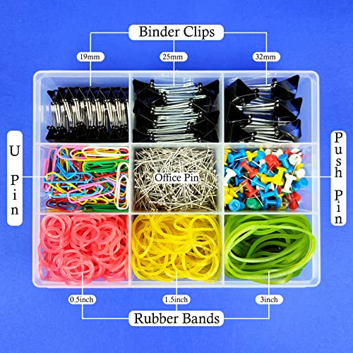 Image of DOMSTAR 9in1 Essential Office Stationery Kit | Assorted Binder Clips, Paper Clip, Office Pin, Push Pin, Rubber Band Combo