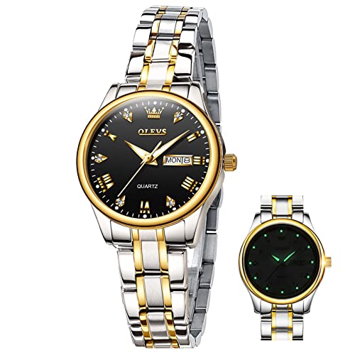 Silver Gold Watches for Women Small Face Women‘s Wrist Watches Lady Fashion Casual Waterproof Quartz Analog Watch Two Tone Gold Black Dial Watches with Day Date Ladies Watch Mother of Pearl Watches