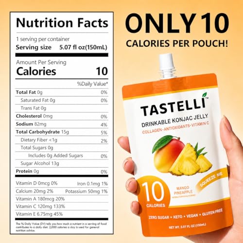 Tastelli Mango Pineapple Konjac Jelly with Collagen & Vitamin C | Sugar Free Gluten Free Low Calorie | Vegan Fruit Snack | 150mL x 10 Pouches - image 2