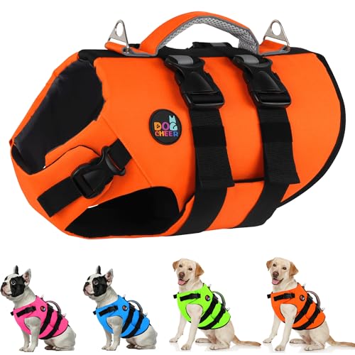 Dogcheer Dog Harness Life Jacket, High Buoyancy Neoprene Dog Life Vest for Swimming Boating, Adjustable Puppy Swim Vest Reflective Pet Float Vest for Small Medium Large Dogs - Orange, M
