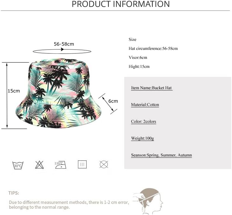 Bucket Hat Cotton Double-Side-Wear Reversible Sun Hat for Women Men, Summer Vacation Travel Beach Packable Fisherman Hat One Size Palm Tree