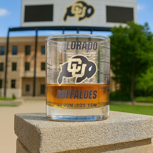 Image of Greenline Goods - University of Colorado Buffaloes College Whiskey Glasses (Set of 2), 10 oz - Full-Color Logo + Campus Map