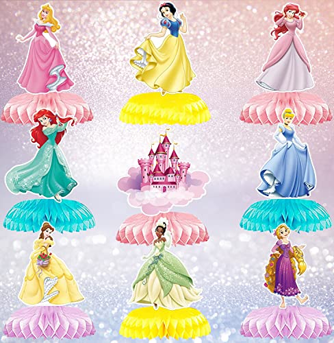 LXN Lot de 9 centres de table en nid d'abeille pour filles Décorations de fête d'anniversaire Thème princesse Décoration de table