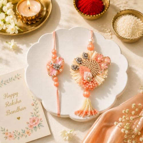 Image of CraftVatika Set of 2 Rakhi for Brother and Bhabhi, Designer Rakhis for Rakshabandhan, Bhaiya Bhabhi Rakhi Set for Rang Panchami, Best Wishes Greeting Card and Tillak Set, Premium Thread Raki for Him