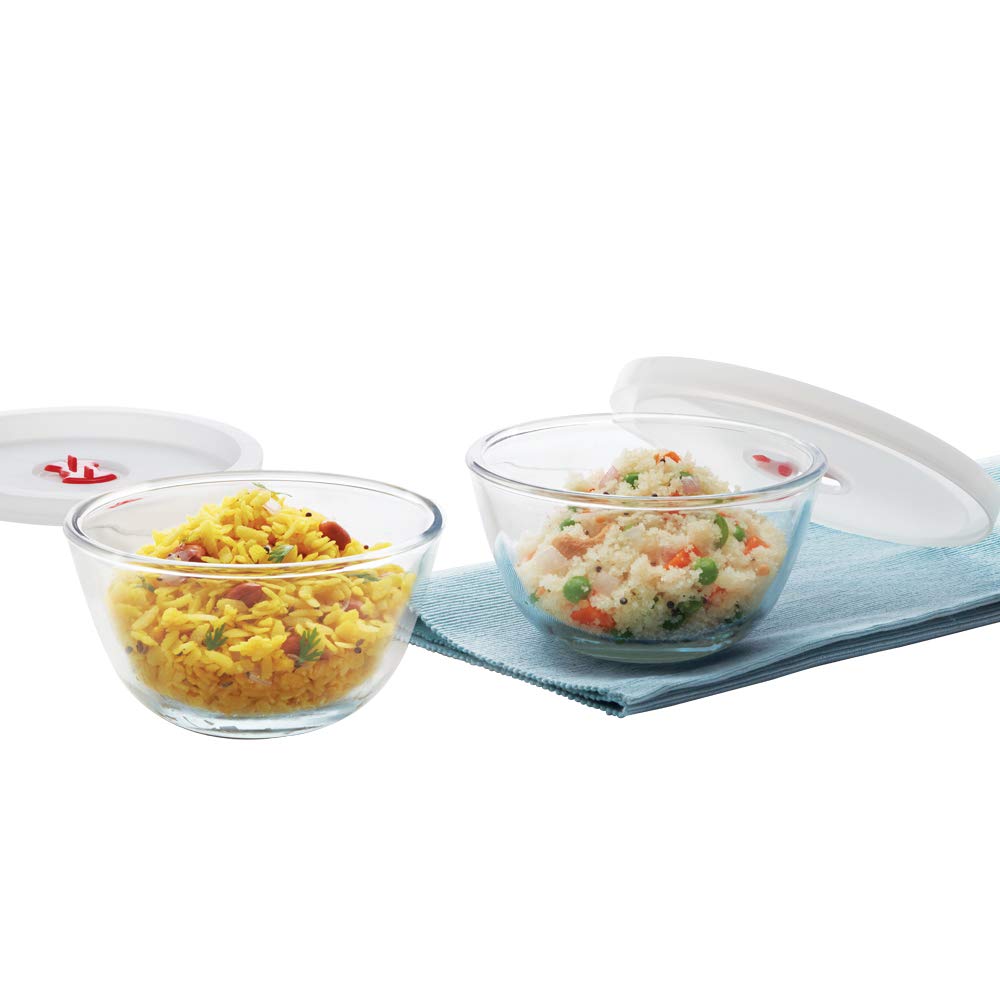 Basic Glass Mixing & Serving Bowls With White Lids, Microwave Safe Bowls, Set of 2 (350 ml, 350 ml), Borosilicate Glass, Clear