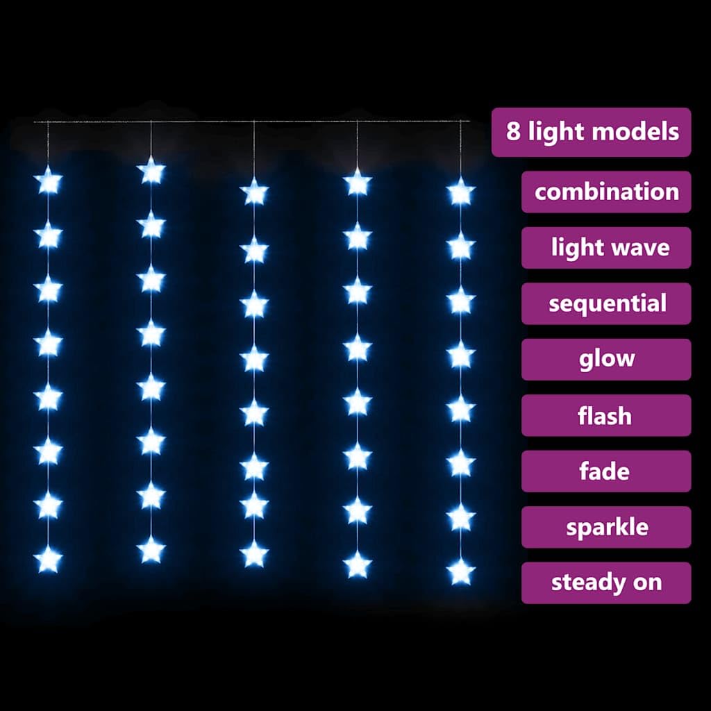LED Sternenvorhang Lichterkette Blau mit 200 energiesparenden LEDs, 8 Lichtfunktionen, USB Anschluss, 96x216 cm, 3 m Verlängerungskabel, für Innen und Außen
