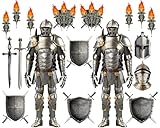 30 Pieces Medieval Party Decorations 6 Feet Jointed Suit of Armor Knight Cut Out Torch Props Medieval Shield Photo Prop for Birthday Halloween Medieval Renaissance Knight Castle Party Wall Decoration