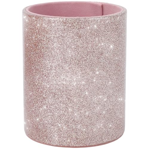 CALFOVERA Pot à Crayons Rond en Cuir Synthétique Rose Brillant Boîte de Rangement Multifonctionnelle pour Papeterie Étui de Rangement de Luxe en Cuir...