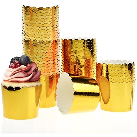 50 Pcs Cupcake Cases, Mini Muffin Cases Paper, High Temperature Resistance Aluminum Foil Cupcake Cases Paper for Baking Birthdays Weddings Party (Gold) Cover