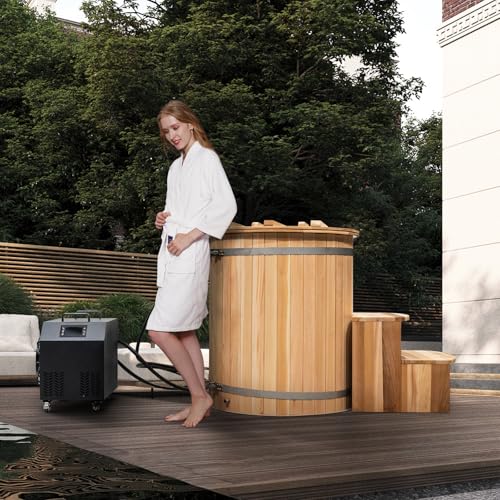 Cold Plunge Tub with 1HP Chiller, 2 Person Red Cedar Ice Bath Tub, 500L, Cooling and Heating, Stainless Steel Base,with WiFi/Ozone UV/Circulation Pump/Bucket Cover/Wooden Stool (37-107 ℉)