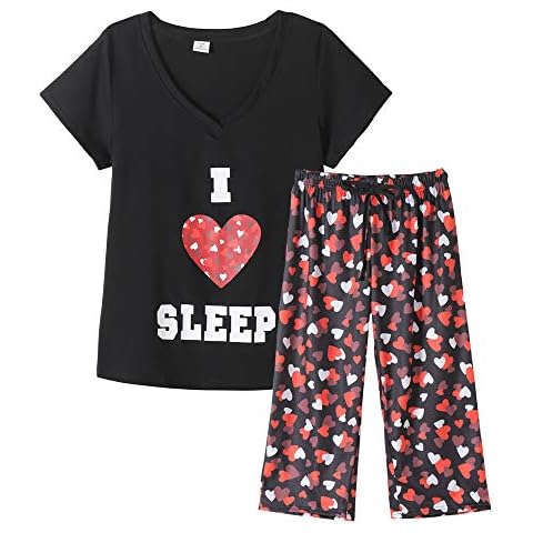 MyFav Pijama Capri Set para mujer con estampado de corazón, rojo vino suave Cover