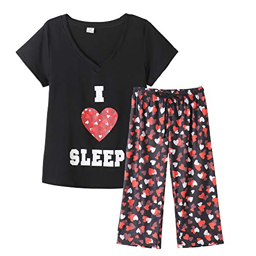 MyFav Capri Pyjamas for Women 2 Piece Comfy Nightwear Ladies Cropped Loungewear Sleepwear Set(Black,3XL)