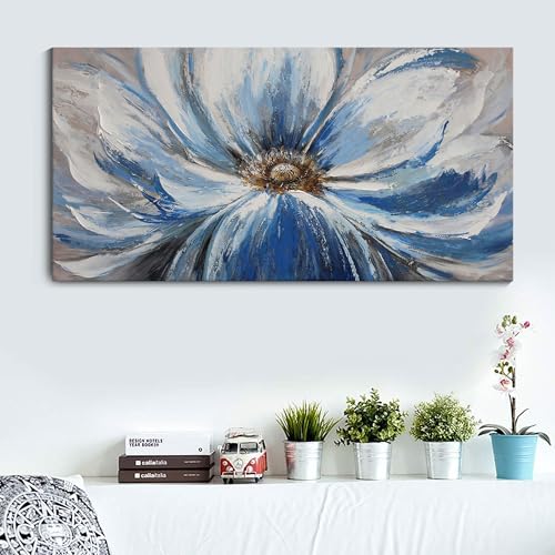 Image of Flower Canvas Wall Art for Living Room Large White Blue Flower Picture Giclee Print Painting Wall Decor Framed Artwork Ready to Hang for Home Bedroom Wall Decoration Size 24x48