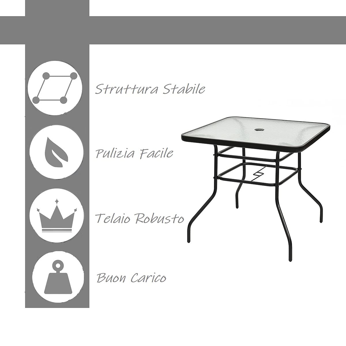 GYMAX Tavolino da Giardino in Metallo e Vetro Temperato, Tavolino da Esterno Elegante con Foro per Ombrellone, Ideale per Terrazzo, Cortile e Bar (80 x 80 x 72cm)