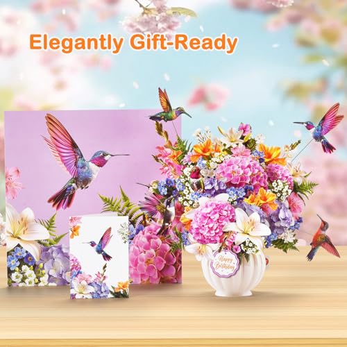 Image of Birthday Cards for Women, Musical Pop Up Hummingbird Flower Card with Light