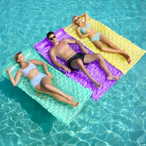 Sloosh Inflatable Pool Floats Raft,Floating Lounge for Adults,64x32 inch Swimming Mat Pool Mattress with Headrest,3 Pack Float Air Mat for Summer Water Beach Fun(Green/Purple/Yellow)
