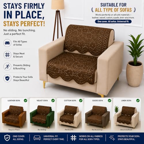 Image of Homerz Premium 'Surya Series' Sofa Cover | Stylish Sofa Protector | Net Fabric | Anti-Stain & Washable Slip Cover Exact Size Antislip (Flower Valley Brown, 1 Seater, Seat Cover with Backrest)