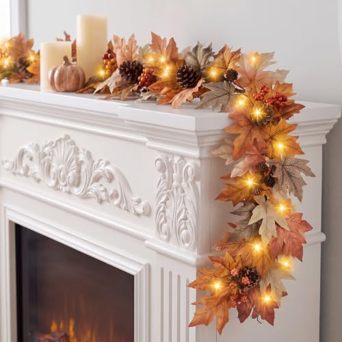 6 FT Lighted Fall Garland with Lights Autumn Automatic ON/Off Timer | Full Fall Leaves Garland with Berries Pine Cones Realistic Decorations for Home Mantle Fireplace Porch Thanksgiving Outdoor