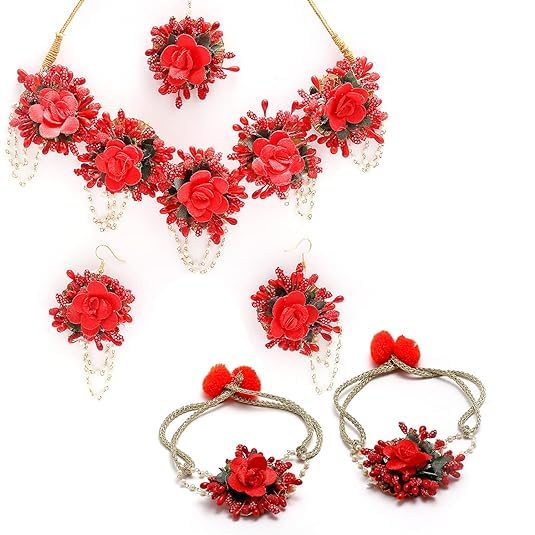 VCULTURE Flowers Jewellery Set For Haldi Gota Patti Necklace Earrings Bracelet & Maang Tika for Women (Design3, Free Size) (B0CXS63Y3M) Amazon Price History, Amazon Price Tracker