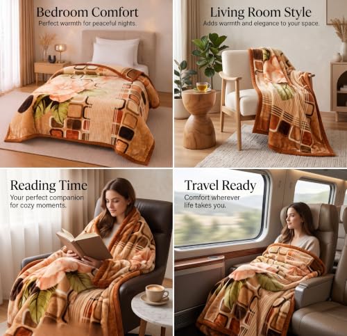 Image of BSB HOME 280 GSM Micromink Blanket, 2.5 Kg Premium Soft Warm Cozy Blanket, Plush Floral Printed Winter Blanket for Single Bed, Ultra Soft Comfortable Bedding, 60 x 88 Inches (152 x 220cm) - Warm Camel