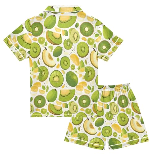 ALAZA Green Kiwi Fruit Leaf Satin Pajamas Set Short Sleeve Button Down Sleepwear Summer Pjs 2 Piece2