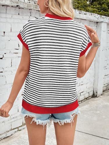 Women's Striped Knit Short Sleeve Sweater Top, Striped Color Matching, Casual Crew Neck Slim Fit2