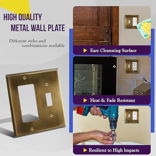 Image of ENERLITES Combination Toggle Switch & Decorator Receptacle Metal Wall Plate, Stainless Steel 201 Outlet Cover, Corrosion-Resistant, Standard Size 2-Gang 4.50 inch x 4.57 inch, 771131-AB, Antique Brass