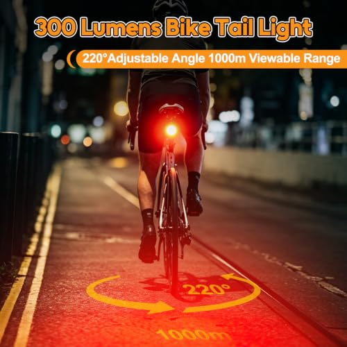 Image of NineLeaf Smart Brake Sensing Rear Bike Lights, Bicycle Tail Light, Bike Lights for Night Riding, Auto On /Off, 300 Lumen 220Adjustable Angle 1000M Viewable Range IP65 Waterproof USB-C Rechargeable