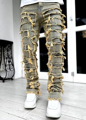 Mens Stretchy Jeans Ripped Stacked Denim Pants Patchwork Distressed Jeans Y2k Harajuku Emo Hip Hop Trousers3