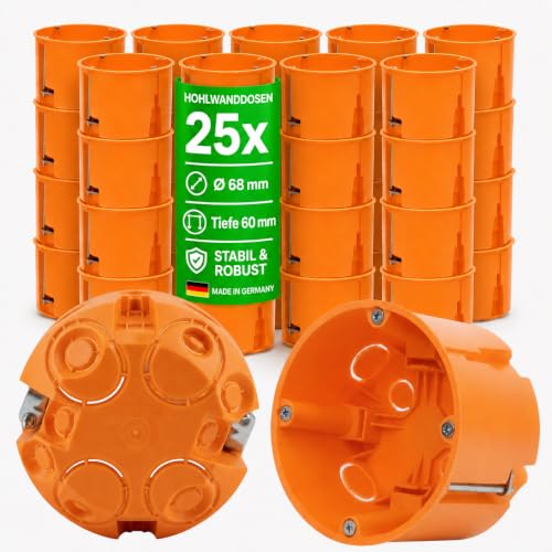 Elektro Butler Unterputzdose Hohlwanddose 68mm Hohlraumdose Ø 68 mm 60 mm tief für Trockenbau & Gipskarton Unterputzdosen für Schalter & Steckdosen orange 25 Stück