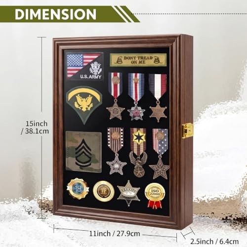 Image of Walnut Solid Wood Medal Display Case, Lockable Shadow Box 11x15 in | UV-resistant acrylic door; lockable metal latch; wall mount or tabletop; fits ribbons, pins, patches