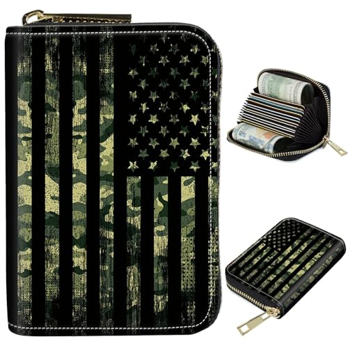 Image of Cute Credit Card Holder with Zipper, Military Camouflage American Flag RFID-Blocking Card Case Small Wallet for Women Men, Multi-slot Card Organizer Case Travel Accordion Wallet