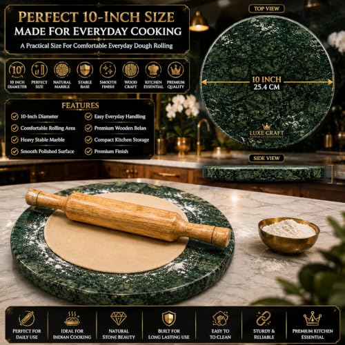 Image of 10 Inch Green Marble Chakla Belan Set | Indian Marble Roti Rolling Board | Roti Maker Phulka Maker Chapati Maker | Smooth Finish Heavy Duty Chakla with Wooden Rolling Pin for Home & Kitchen