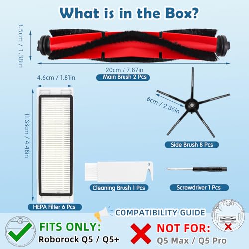 Image of Q5+ Replacement Parts for Roborock Q5 / Q5+ Robot Vacuum | Only Fits Q5 / Q5+, NOT for Other Models. 2 Main Brushes, 6 Filters, 8 Side Brushes, 1 Cleaning Brush & 1 Screwdriver