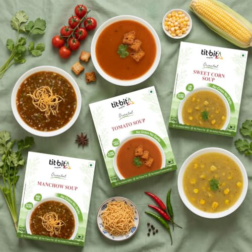 Image of Tit-Bit Instant Soup Combo Pack of 6 (300g), Manchow, Sweet Corn & Tomato Soup (Each Flavors 2 Pack) No Onion No Garlic Soup Packs Easy to Prepare