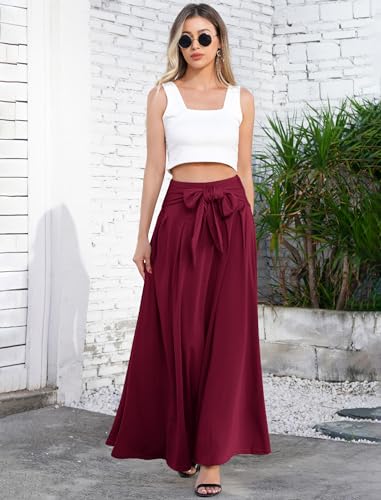 Women Elegant Elastic High Waist Tie Front Pleated Maxi Skirts Vintage Flowy Boho Maxi Skirt Summer Casual Beach Long Skirts3