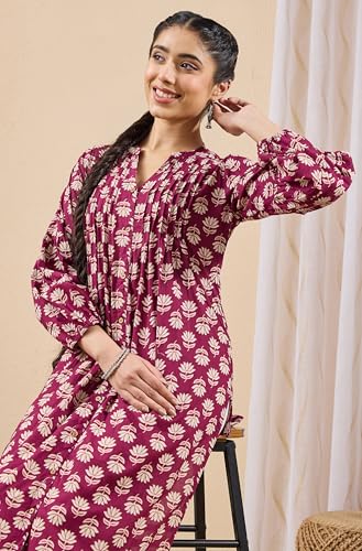 Image of Janasya Women's Pure Cotton Floral Printed A-line Kurta